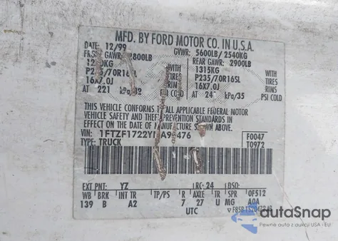 2000 Ford F-150 Work Series/Xl/Xlt z USA, uszkodzony, nr VIN 1FTZF1722YNA97476